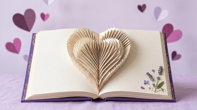 Romantic book art with heart shaped folded pages, open vintage journal on purple background, love concept for wedding or valentines day