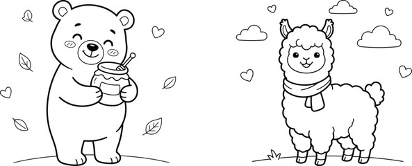 Naklejka premium Cute hand drawn bear and llama characters for children coloring book page line art