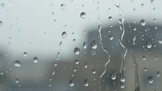 Rain droplets sliding down a weathered glass window