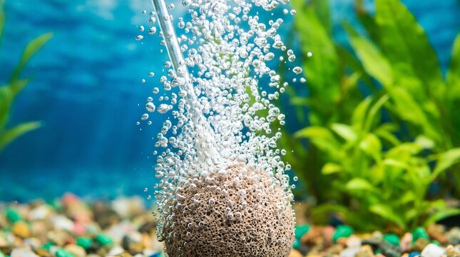 Aquarium air stone bubbles among green aquatic plants