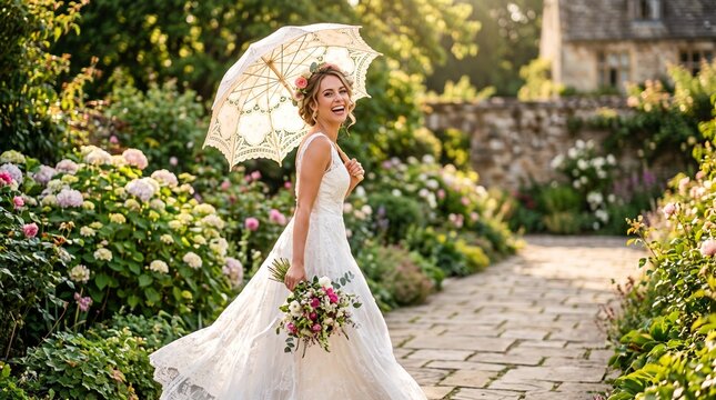 Bride parasol photos, Young bride holding bouquet and parasol walking in a blooming garden  