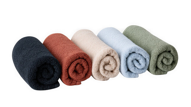 Set of five rolled bath towels in different colors