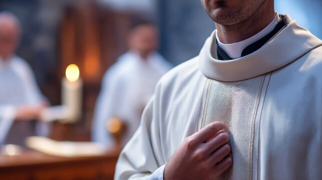 Priest with hand on chest during church service. Close up of white liturgical vestment. Christian clergy prayer and devotion concept