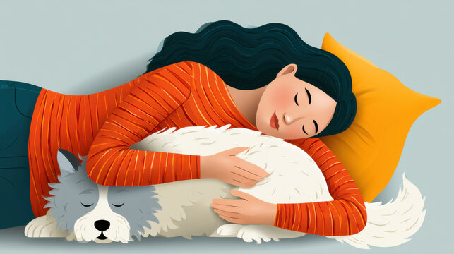 Woman peacefully sleeping next to her beloved dog on a comfortable pillow