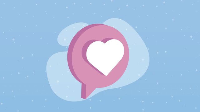 Isometric pink speech bubble with white heart icon floating on blue background with animated white dots and wavy shape.