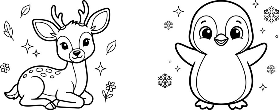 Cute cartoon deer and penguin coloring page for kids with winter snowflakes and stars