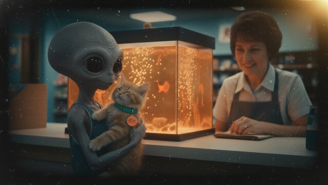 Grey alien holding cute ginger kitten in pet shop. Smiling woman shop assistant watching extraterrestrial creature petting cat. Science fiction scene showing intergalactic friendship.