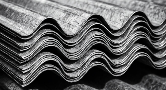 Stack of corrugated metal sheets showing wavy patterns and industrial texture in black and white