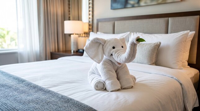 Towel animal on made hotel bed, Towel elephant decoration on a neatly made hotel bed in a modern bedroom  