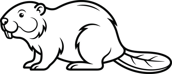 Obraz premium Cute Beaver Line Art Vector Illustration Cartoon Animal Character Design Isolated on White Background for Kids Coloring Book and Nature Graphic Elements