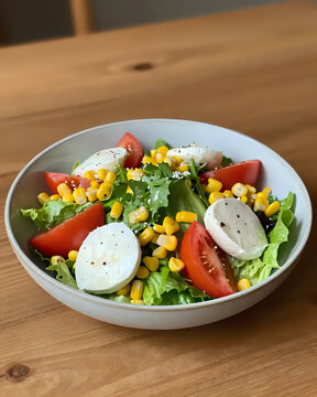 Image d'une assiette de salade de crudit&eacute;s compos&eacute;e de salade, de ma&iuml;s, de tomate et de mozzarella pos&eacute;e sur une table en bois. 