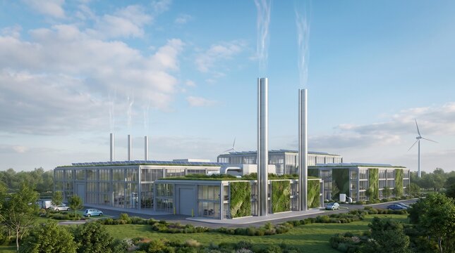 Sustainable Industrial Facility with Renewable Energy Integration and Vertical Garden Architecture in a Verdant Landscaped Environment