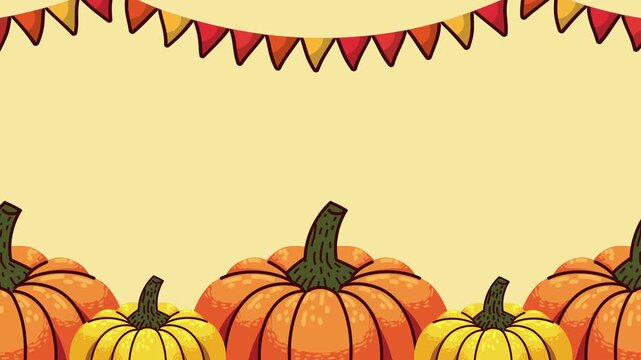 Thanksgiving autumn pumpkins motion background with festive bunting garland and warm harvest colors for seasonal celebration design.