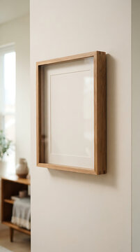 Empty wooden shadow box frame mounted on a light-colored wall, with a blurred interior scene of a shelf and vase in the background.keywords isolated on a transparent background