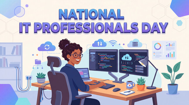 National IT Professionals Day banner with a software developer working at a dual-monitor computer desk with code and cloud icons