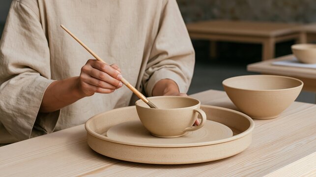 Person shaping a clay cup on a pottery wheel in a ceramics studio  