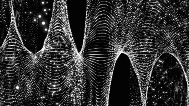 Abstract white digital wave formed by glowing particles moving on a dark