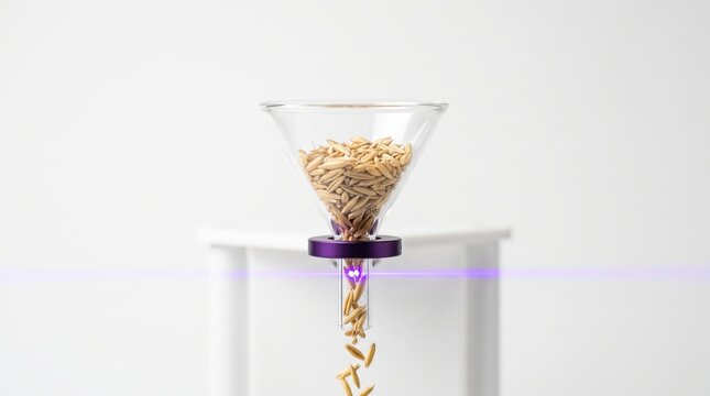 Laser beam scans falling oat grains through a glass funnel for quality control. Industrial agricultural technology on white background.