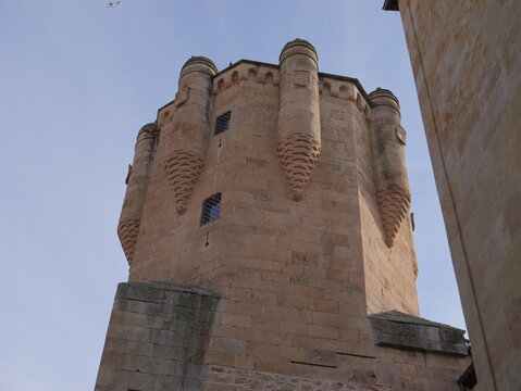 View of the historic Torre del Clavero with its ornate stone carvings and battlements in Salamanca, Castile and Leon, Spain.