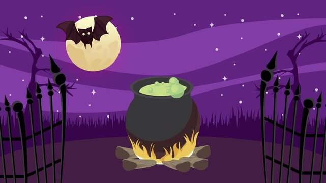 Halloween animation with bubbling cauldron in spooky cemetery and flying bat under full moon night sky.