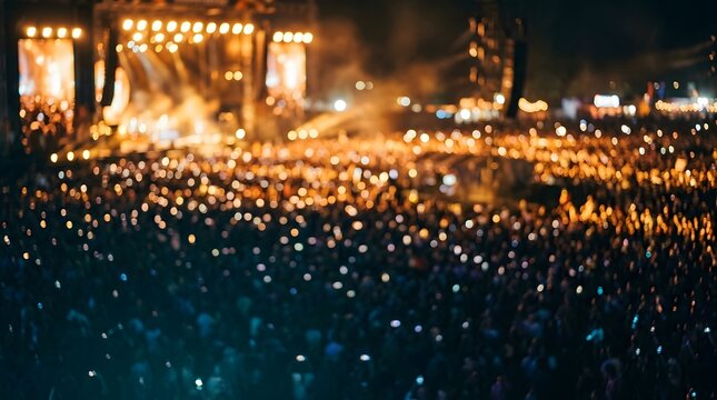 A vibrant outdoor music festival at night showcasing a large crowd and brightly lit stage performance