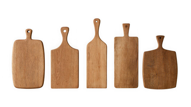 Set of five wooden cutting boards in different shapes