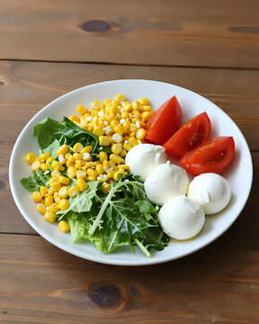 Image d'une assiette de salade de crudit&eacute;s compos&eacute;e de salade, de ma&iuml;s, de tomate et de mozzarella pos&eacute;e sur une table en bois. 