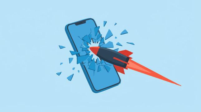 Rocket breaking through smartphone screen, concept of digital speed and impact