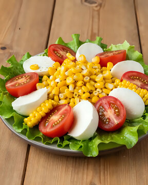 Image d'une assiette de salade de crudit&eacute;s compos&eacute;e de salade, de ma&iuml;s, de tomate et de mozzarella pos&eacute;e sur une table en bois. 