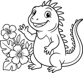 Fototapeta premium Cute cartoon iguana waving hello next to tropical hibiscus flowers, coloring page for kids