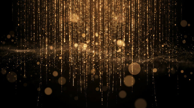 Golden glitter particles raining down in glowing streams on dark background