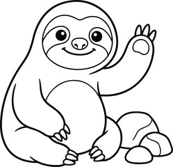 Fototapeta premium Cute cartoon sloth sitting on rocks, coloring page for kids