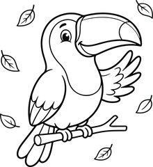 Fototapeta premium Cute cartoon toucan bird sitting on a branch with falling leaves, coloring page for children, black and white outline illustration