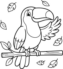 Fototapeta premium Cute cartoon toucan bird sitting on a branch with leaves, coloring page for children, black and white outline illustration