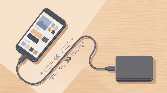 Mobile phone charging with power bank on wooden surface