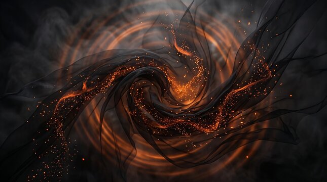 Abstract swirl of dark flowing fabric and fiery orange glowing particles creating a magical spiral wave effect