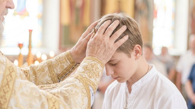 Orthodox priest blessing a teenage boy in church. Priest placing hands on a young man's head during a religious sacrament. Christian blessing ceremony