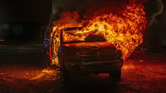 View of a pickup truck engulfed in intense flames at night, with bright fire illuminating the dark surroundings in Lindenhurst, New York, United States.
