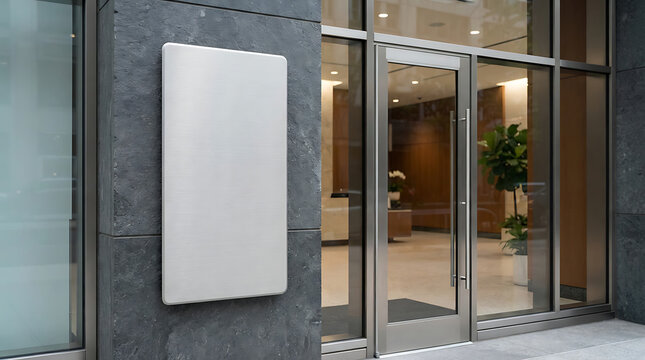Modern building entrance with glass doors and a blank rectangular sign mounted on a dark stone facade isolated on a transparent background