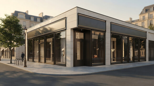 Modern building facade with large glass windows and reflective surfaces on a city street corner isolated on a transparent background