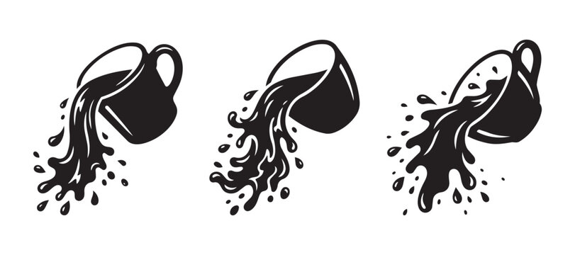 Three vector illustrations of black liquid pouring out of tilted ceramic cups with organic splashes and liquid drops on transparent grid.