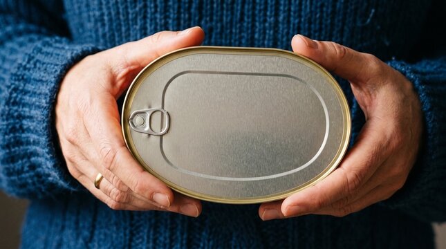 A person wearing a blue knitted sweater holding an oval-shaped metallic tin can with a pull-tab opener horizontally.
