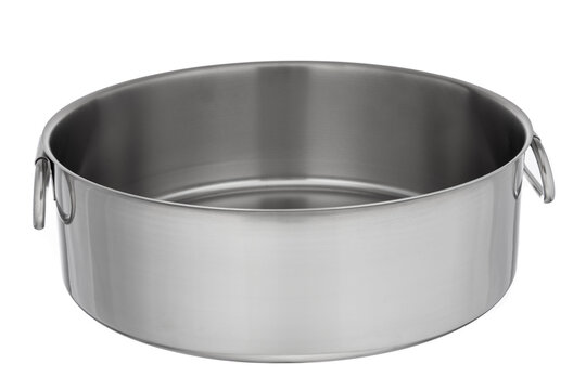 Large Round Stainless Steel Pot or Basin with Handles Isolated on White Background. Professional Grade Kitchenware and Food Service Equipment.