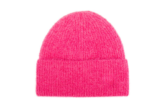 Pink Knitted Wool Beanie Hat Isolated on White. Stylish Fuchsia Wool Winter Cap for Women, Warm and Soft Fashion Accessory