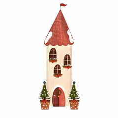 Naklejka premium A long, narrow Christmas fairy-tale house with potted Christmas trees