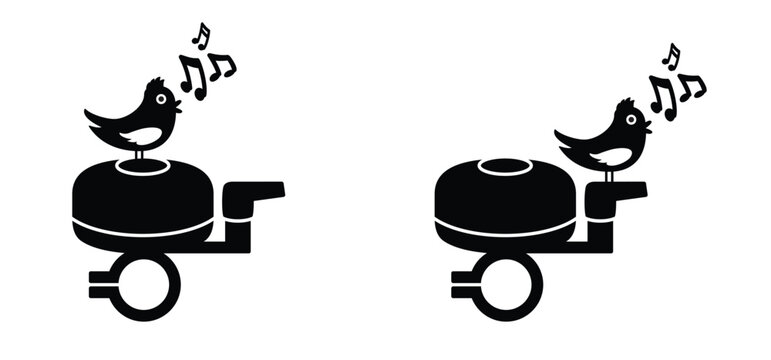 Bird, music silhouette bicycle bell. Bike bell icon. or bicycle. A bicycle bell is a small mechanical instrument on the handlebars that allows a cyclist to give a clear, friendly signal.