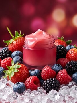 A small jar of pink lip balm or cosmetic cream surrounded by fresh mixed berries and ice cubes, with a blurred bokeh background.