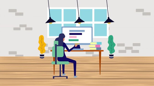 Businesswoman working on computer in modern office space animation clip.