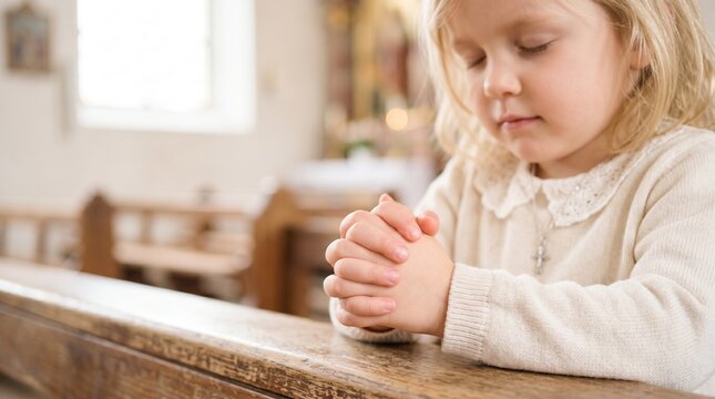 Close up of a young blonde girl praying in a church. Little child with closed eyes and clasped hands on a wooden pew. Christian faith and devotion concept