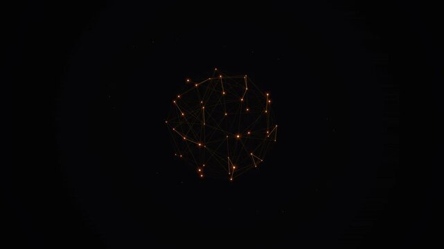 Abstract golden celestial constellation map with connected dots and lines forming a circular sphere shape on deep black backdrop